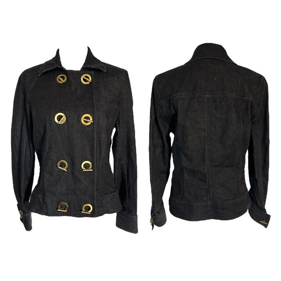 Dana Buchman Long Sleeve Gold Metal Ring Toggle Denim Black Jean Jacket 10 - Picture 1 of 3